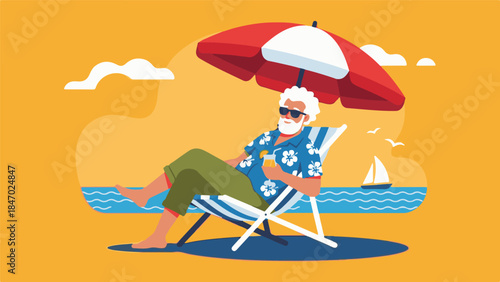 Elderly Man Relaxing on a Beach Chair with Cocktail Under an Umbrella