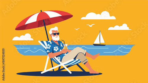 Relaxed senior man on beach chair with cocktail, enjoying summer vacation
