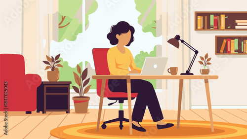 Woman working from home on laptop in a comfortable, bright modern interior