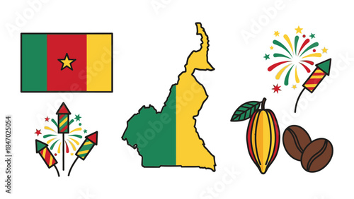 Flat lay illustration of Cameroon's flag, map, and cultural symbols including cacao pods and fireworks on a white background with vibrant colors.