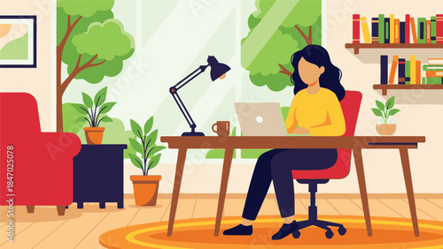 Woman Working on Laptop from Home in Cozy Office with Plants and Books