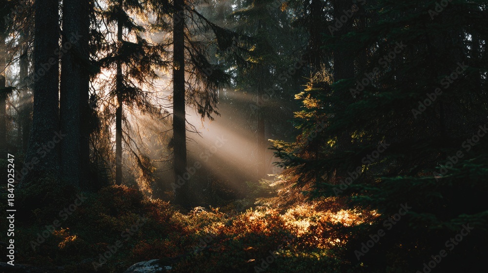 Fototapeta premium forest dawn light filtering through fog, ultra realistic nature photography, no people