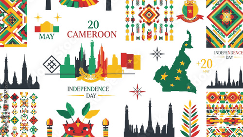 Vibrant flat lay of Cameroon Independence Day graphics and symbols on a colorful background with geometric patterns and city skylines.