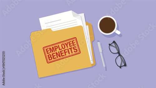 Employee Benefits Folder with Documents, Coffee, Pen, and Glasses