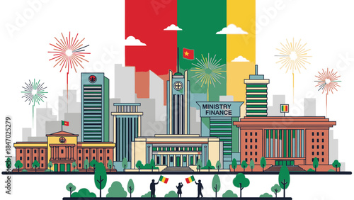 Illustration of a vibrant cityscape with colorful buildings and fireworks in the background, representing a celebration in Cameroon.