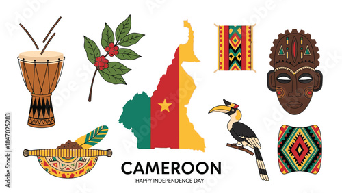 Colorful flat lay of Cameroon independence day symbols and icons on white background with map and cultural patterns.