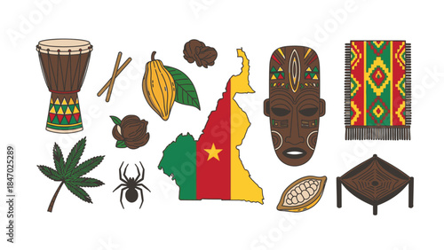 Flat lay composition of various traditional Cameroonian symbols and objects on a white background, including a djembe drum, tribal mask, and national flag.