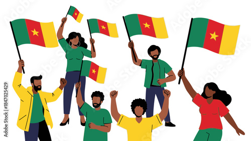 Illustration of a diverse group of people waving Cameroon flags in celebration on a white background with a vibrant and festive mood.