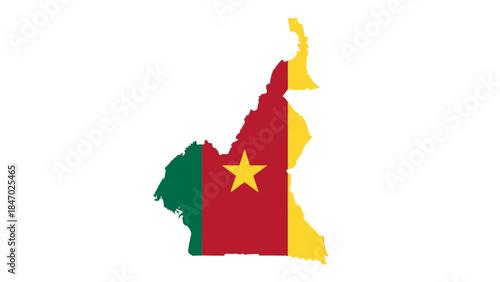 Map of Cameroon with its flag colors and a yellow star on a white background.
