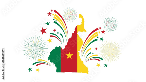 Vibrant illustration of Cameroon's national flag and map surrounded by colorful fireworks, stars, and rainbows on a white background.