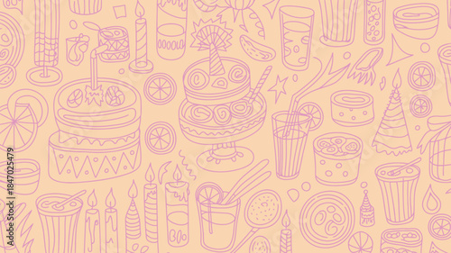 Vibrant birthday celebration pattern with cakes and drinks