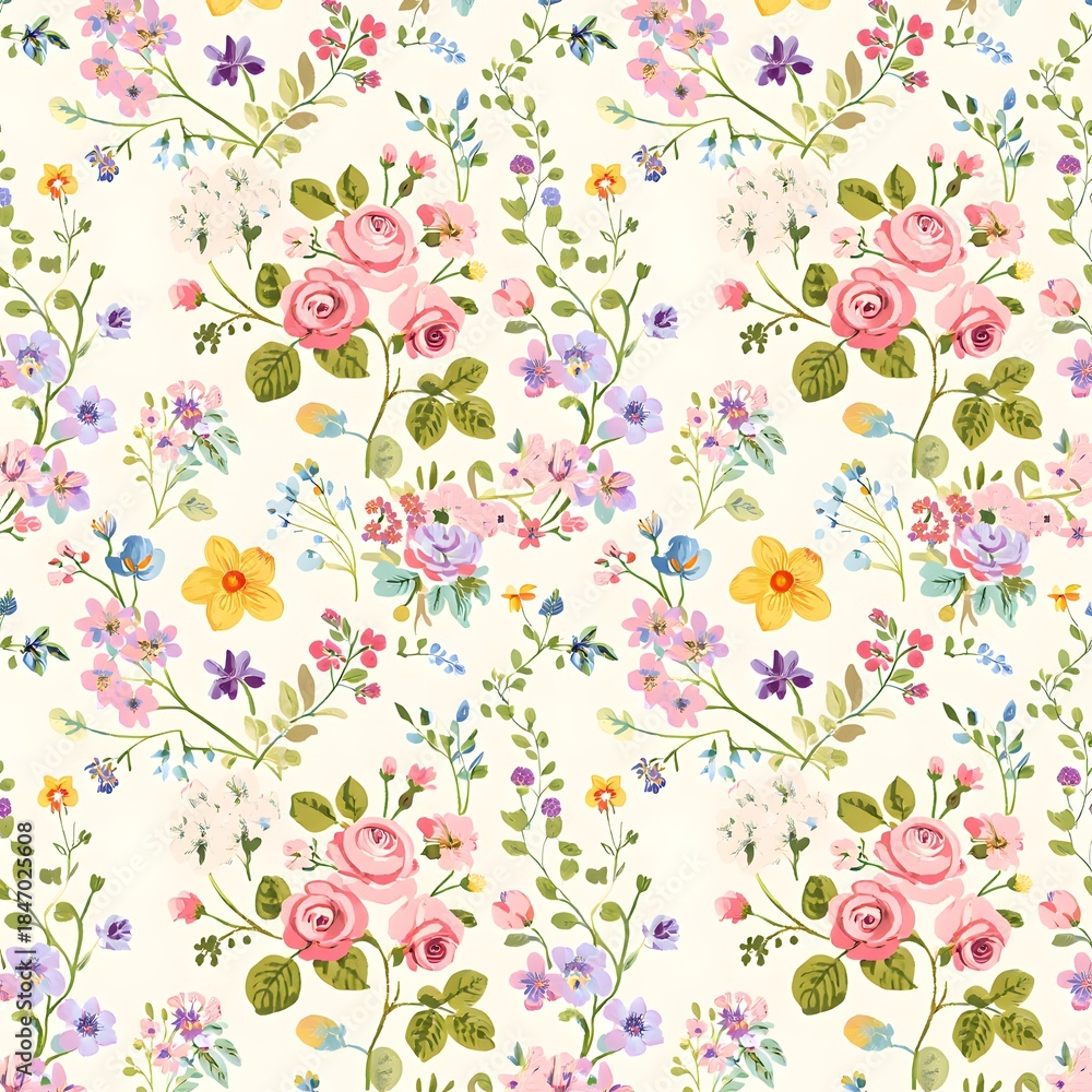 Fototapeta Seamless vintage floral pattern with pink roses and leaves suitable for wallpaper or fabric design