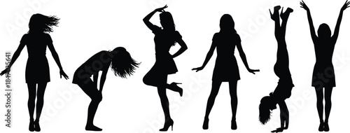 Women in short dresses silhouettes set, black silhouette of female figures in various active, dancing, and posing positions for fashion, party, and lifestyle vector illustration content.