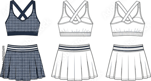 Women's activewear vector fashion flat sketch set, sports bra and pleated tennis skirt, blue plaid pattern, front and back views, technical drawing template