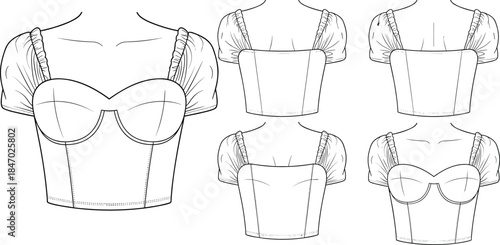 Women's bustier crop top vector fashion flat sketch, puff sleeves, sweetheart neckline, corset bodice, front and back views, technical drawing template for apparel