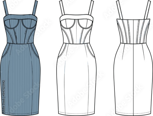 Women's bustier dress vector fashion flat sketch, spaghetti straps, pinstripe pattern, pockets, front and back views, technical drawing template for apparel design