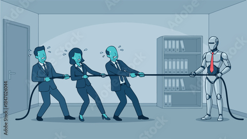 Business people struggle in a tug-of-war against a robot, symbolizing automation