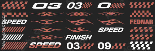 Racing Sport Vector Elements with Car Decals, Checkered Flags, Speed Stripes and Flame Graphics