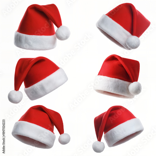 Wallpaper Mural "Assorted Classic Santa Hats on White Background — Set of Red Velvet Christmas Caps with Faux Fur Trim" Torontodigital.ca
