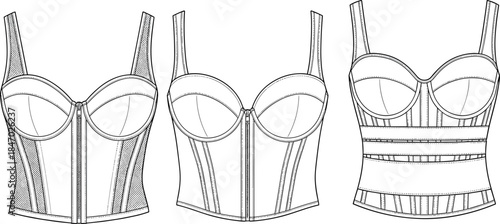 Women's corset bustier top vector illustration, technical flat sketch, front zipper lingerie, underwire cup bodice, fashion design template, strappy crop top, clothing mockup.