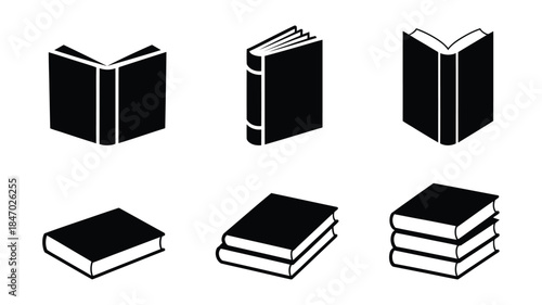 Six black icons of books in isometric view with different arrangements