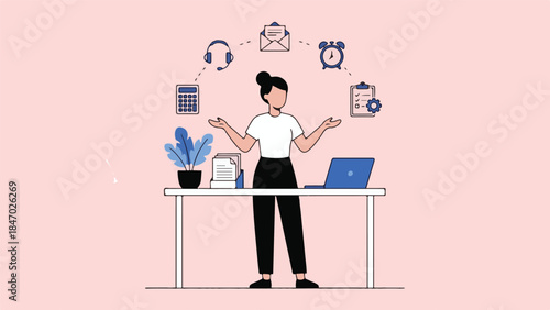 Businesswoman multitasking with various tasks and tools, productivity concept