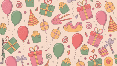 Colorful birthday party elements on beige background