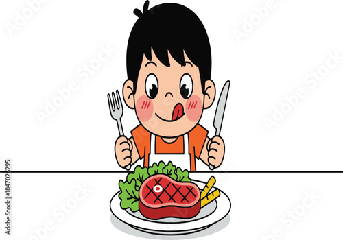 Cartoon child eating meal, happy kid dining illustration, steak and fries, healthy food, restaurant clipart, lunch time, vector art