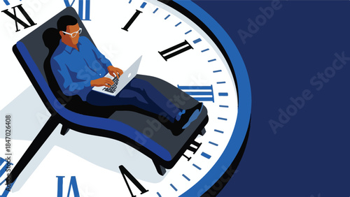 Man working on laptop while relaxing on a large clock face, remote work