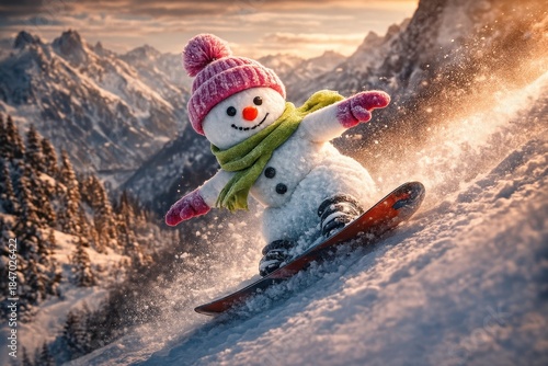 A playful snowman snowboarding down a mountain, surrounded by a winter wonderland and majestic peaks.
