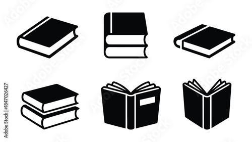 Six black icons of books in isometric view with various styles