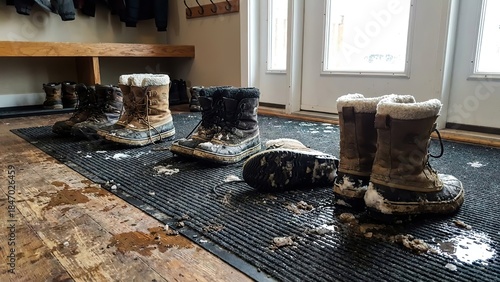 Muddy and Snowy Winter Boots Lined Up on a Wet Mat in a House Entryway After Outdoor Winter Activities.