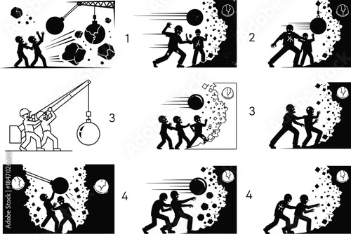 Wrecking ball hitting people, metaphor of time, black and white vector illustration, emotional concept, 