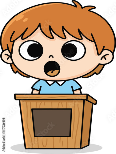 Cartoon child speaking, orange hair, podium illustration, surprised expression, vector art, public speaking, debate scene, expressive face, school presentation