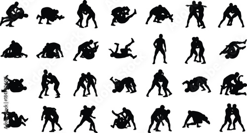 Wrestling silhouettes set, black silhouette of fighting wrestlers in action poses, judo and grappling sport figures in various fight positions for vector illustration content.