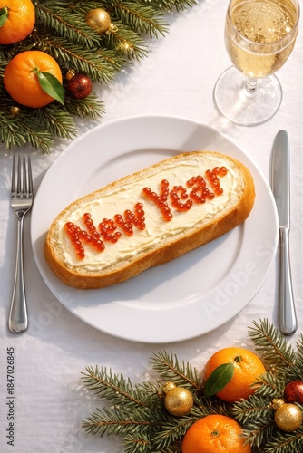 A festive new year-themed dessert featuring a decorated bread loaf, surrounded by oranges and pine branches.