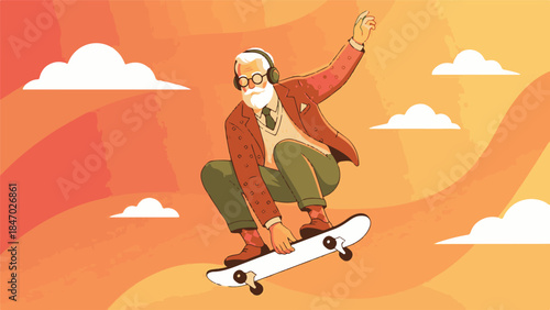 Elderly Man Skateboarding with Headphones Demonstrating Active Lifestyle