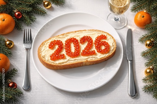 Festive plate featuring bread topped with caviar in the shape of 
