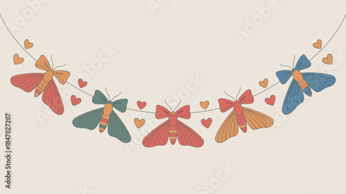 Colorful moths and hearts on a string garland decoration