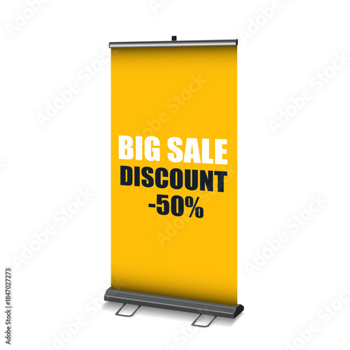 Promotional roll-up banner with bold red background displaying a 50 discount offer for retail or marketing campaigns.