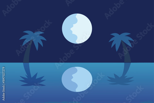 Moon Reflection on Calm Tropical Shore in Simple Elegance