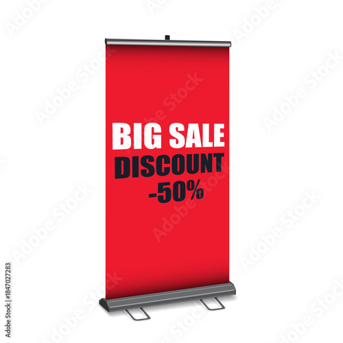 Promotional roll-up banner with bold red background displaying a 50 discount offer for retail or marketing campaigns.
