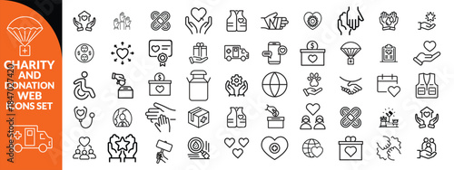 Charity and Donation set of web icons in line style. Volunteering and donation icons for web and mobile app. Help, caring, solidarity, alms, donate, volunteer, care, charity and more.  big icon set.