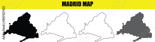 Madrid map in four styles black silhouette white contour outline dotted for web and print design projects