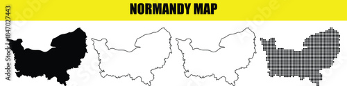 Canvastavla Normandy map vector silhouette illustration solid black white outline dots graph