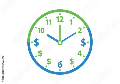 Clock with dollar signs and colored segments representing time and money.