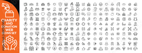 Charity and Donation set of web icons in line style. Volunteering and donation icons for web and mobile app. Help, caring, solidarity, alms, donate, volunteer, care, charity and more.  big icon set.
