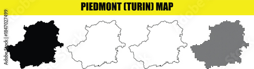 Piedmont map black silhouette outline and dotted pixel pattern vector set for geographic and political designs