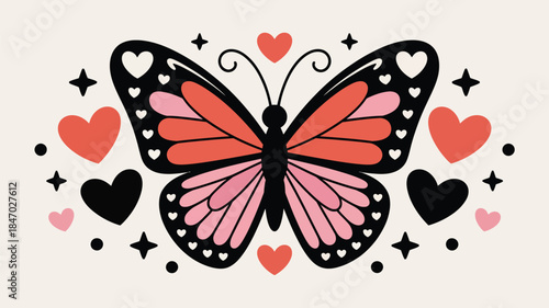 Vibrant butterfly with hearts and stars on cream background