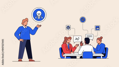 Business Leadership Concept. Vector illustration of a diverse office team discussing ideas, finance, and growth strategy. Teamwork, innovation, and project planning concept.